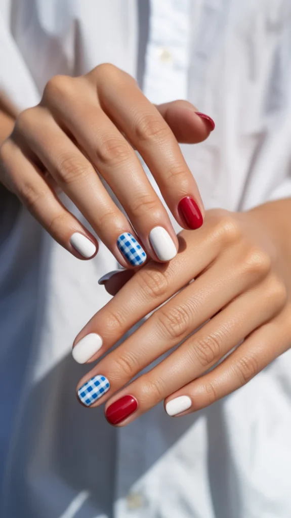 Blue Gingham Accent Nails