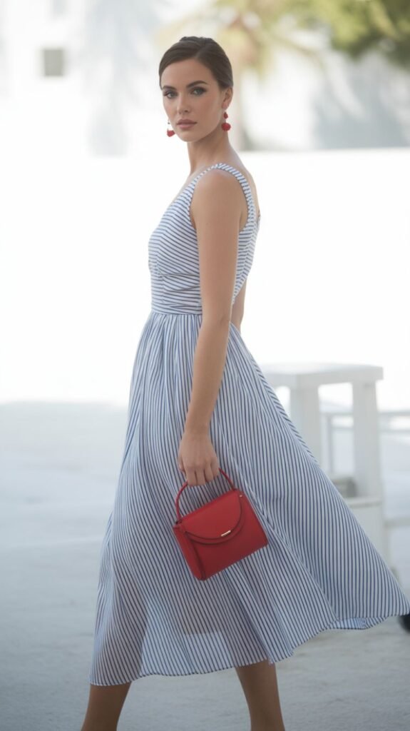Blue and White Striped Midi Dress