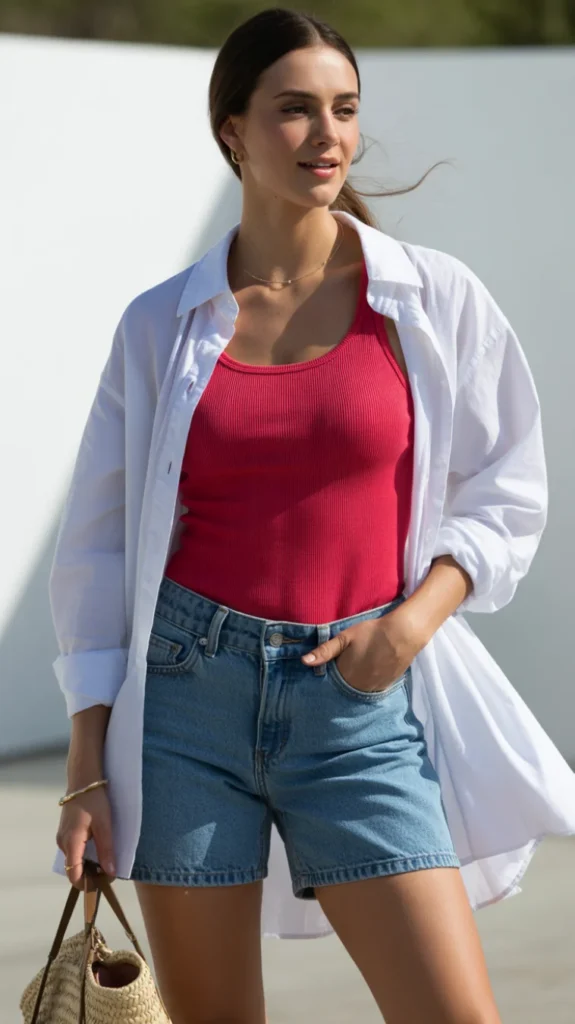 Denim Shorts with a Fitted Red Tank and Oversized White Shirt