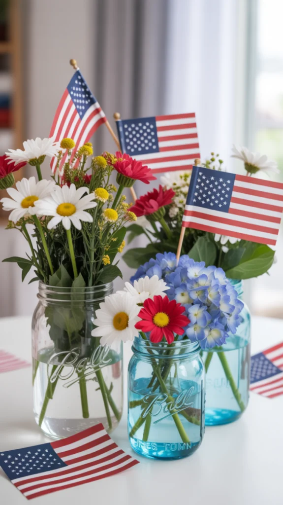 Mason Jars Filled with Fresh Flowers and Mini Flags