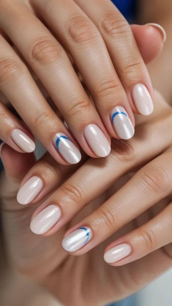 Milky White Nails with Blue Chrome Accents