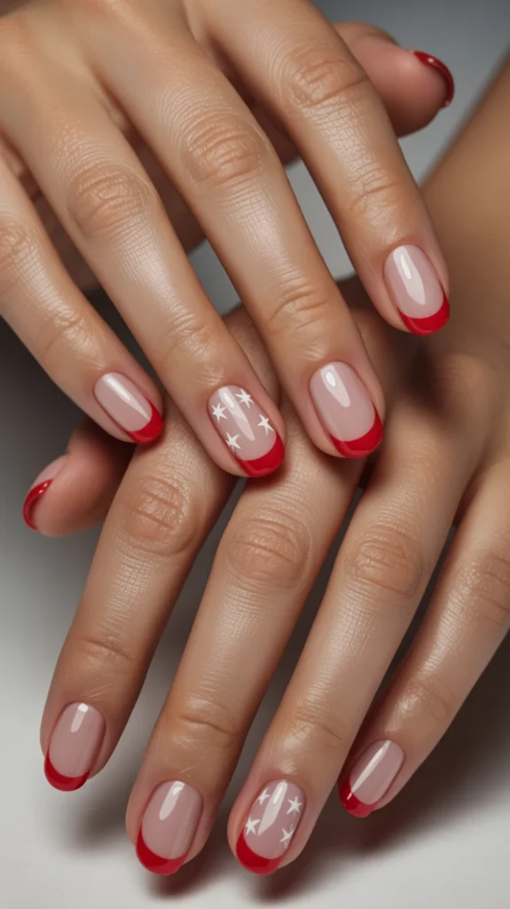 Red French Tips with Tiny White Stars
