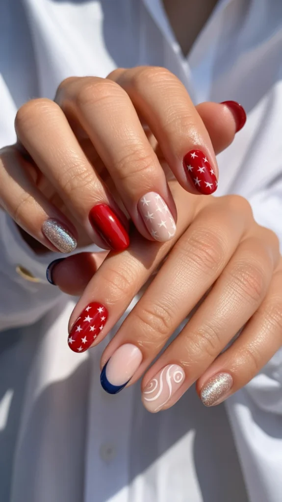 Red, White, and Blue Mismatched Minimal Nails