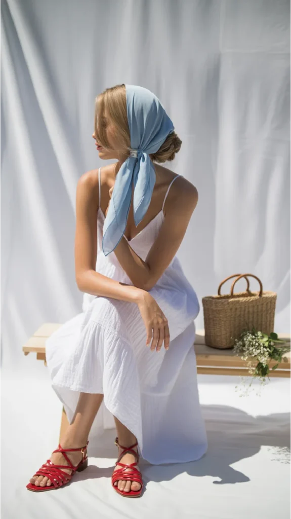 White Sundress with Red Sandals and a Blue Hair Scarf