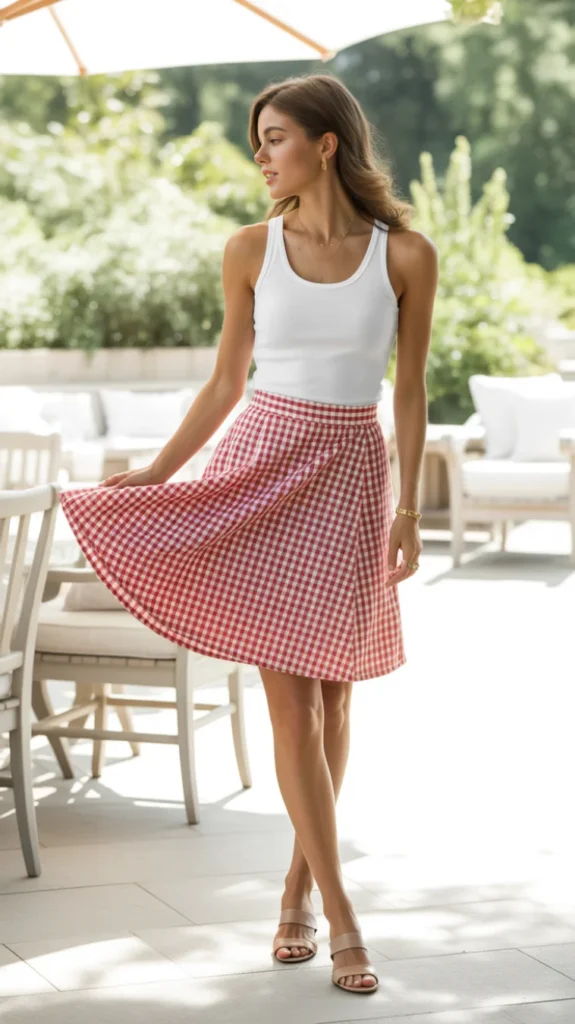 White Tank with Red Gingham Skirt