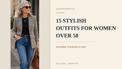 Fashionable woman over 50 wearing a tailored blazer, black top and jeans for a modern polished outfit