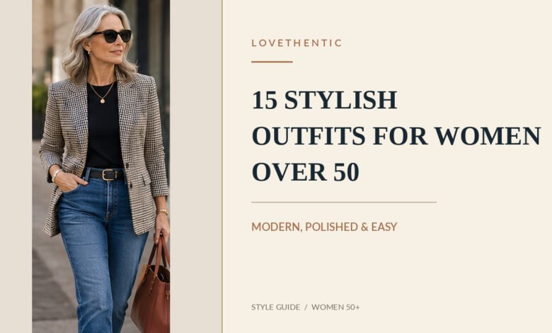 Fashionable woman over 50 wearing a tailored blazer, black top and jeans for a modern polished outfit