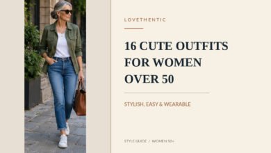Stylish woman over 50 wearing blue jeans, a white top and an olive jacket for a cute everyday outfit