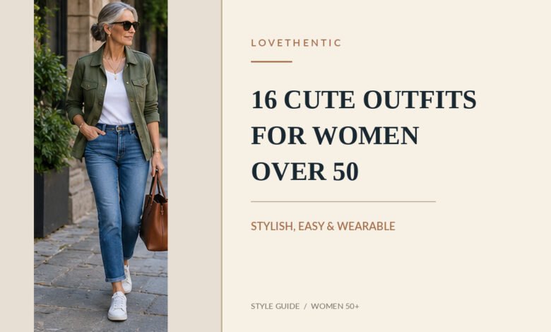 Stylish woman over 50 wearing blue jeans, a white top and an olive jacket for a cute everyday outfit