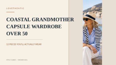 Woman over 50 wearing a striped shirt and white trousers with a straw hat for a coastal grandmother capsule wardrobe