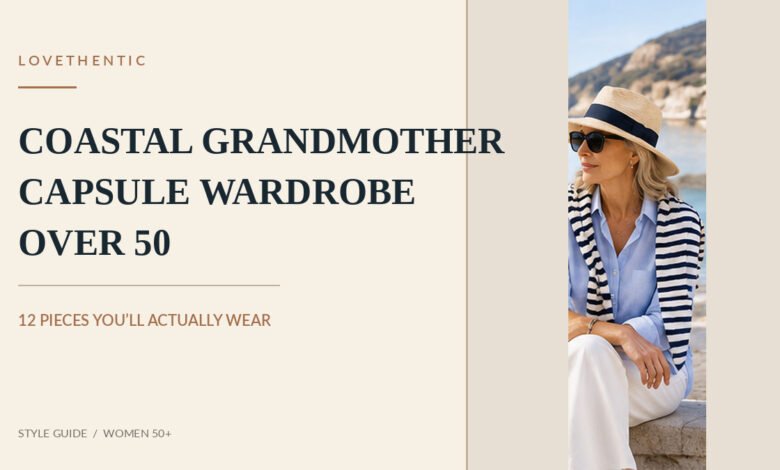 Woman over 50 wearing a striped shirt and white trousers with a straw hat for a coastal grandmother capsule wardrobe