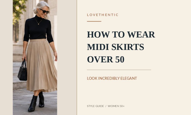 Elegant woman over 50 wearing a pleated beige midi skirt with a black sweater and ankle boots