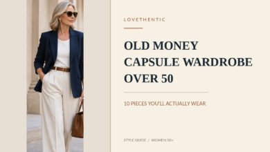 Stylish woman over 50 wearing a navy blazer and ivory trousers for an elegant old money capsule wardrobe