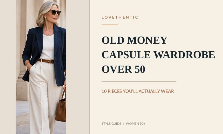 Stylish woman over 50 wearing a navy blazer and ivory trousers for an elegant old money capsule wardrobe