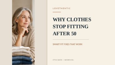 Woman over 50 wearing a cream knit sweater beside folded clothes, illustrating changes in clothing fit after 50