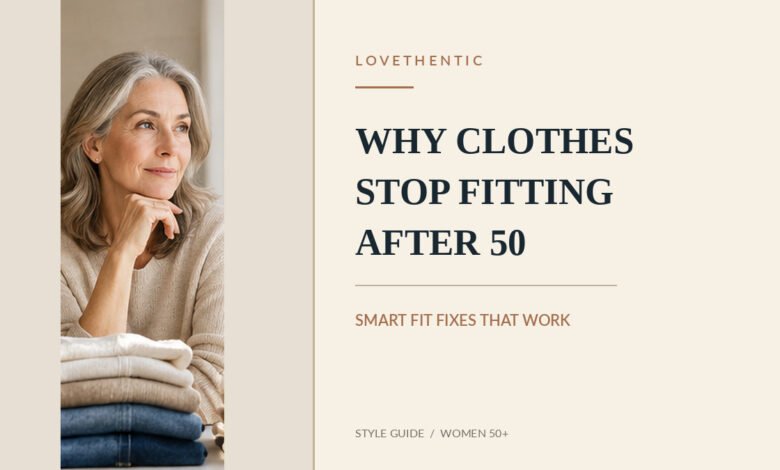 Woman over 50 wearing a cream knit sweater beside folded clothes, illustrating changes in clothing fit after 50