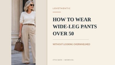 Woman over 50 styling beige wide-leg trousers with a cream sweater for a polished and comfortable outfit