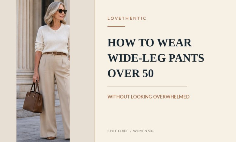 Woman over 50 styling beige wide-leg trousers with a cream sweater for a polished and comfortable outfit